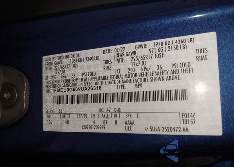 2022 Ford Escape Se z USA, uszkodzony, nr VIN 1FMCU0G66NUA26318